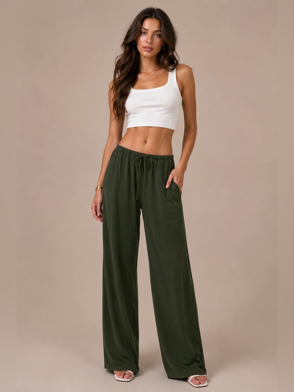 NWT Wide Leg Drawstring Pants - Olive Green